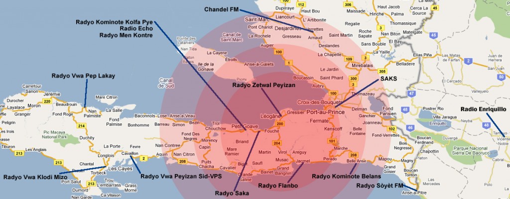 Mapa das rádios comunitárias do Haiti. Reproduzido com permissão da AMARC.