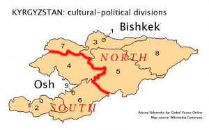Divisão política-cultural do Quirguistão (Norte x Sul). Fonte: Wikimedia