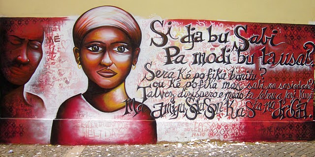Poema anti-drogas em Crioulo. Fotografia do artista Joel Bergner, coordenador do projecto Mural Global "Action Ashé!"