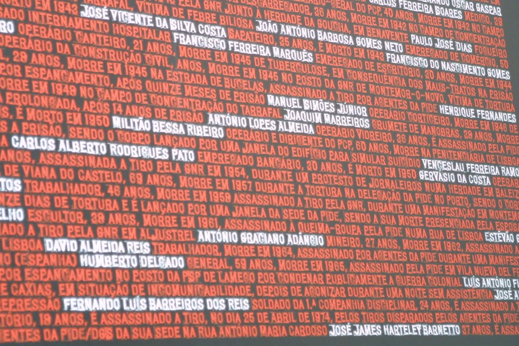 Wall in Aljube jail with the names of the men and women murdered by the PIDE, some by direct order from Silva Pais. Photo by Daniel Jota, shared in a Facebook group in solidarity with the defendants in criminal proceedings against 'The Maverick Daughter'.