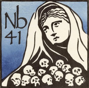 Gravura da Tabela Periódica com a figura da mitologia grega Níobe, que inspirou a denominação do elemento Niobium Nb41. Copyright Annette Haines (usada com permissão).