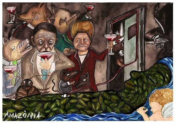 Minister of Mines and Energy, Edson Lobão, and President Dilma Rousseff make a toast as the forest destroyed by Belo Monte suffers. Cartoon by Ju Borges (@peledaterra), of blog Pele da Terra, used with permission.