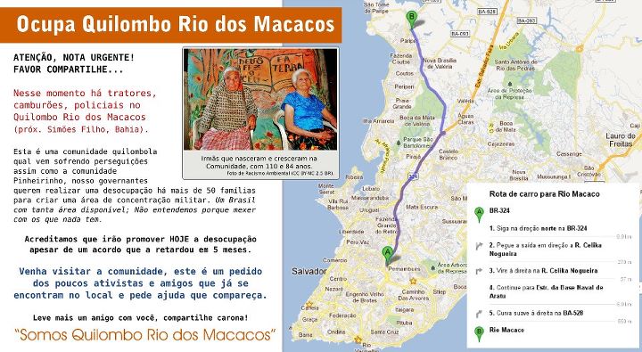 Occupy Quilombo Rio dos Macacos. Directions Map.