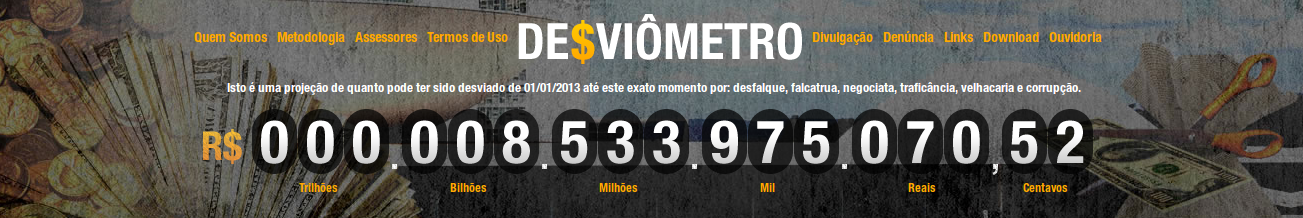 Screenshot of the website Desviômetro: "This is a projection of how much money might have been misappropriated from 01/01/2013 until this exact moment because of embezzlement, scams, trafficking, trickery and corruption."