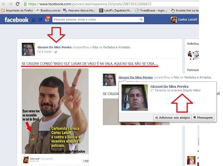 Screenshot of the profile of one of the military police officers that threatened Latuff on Facebook.
