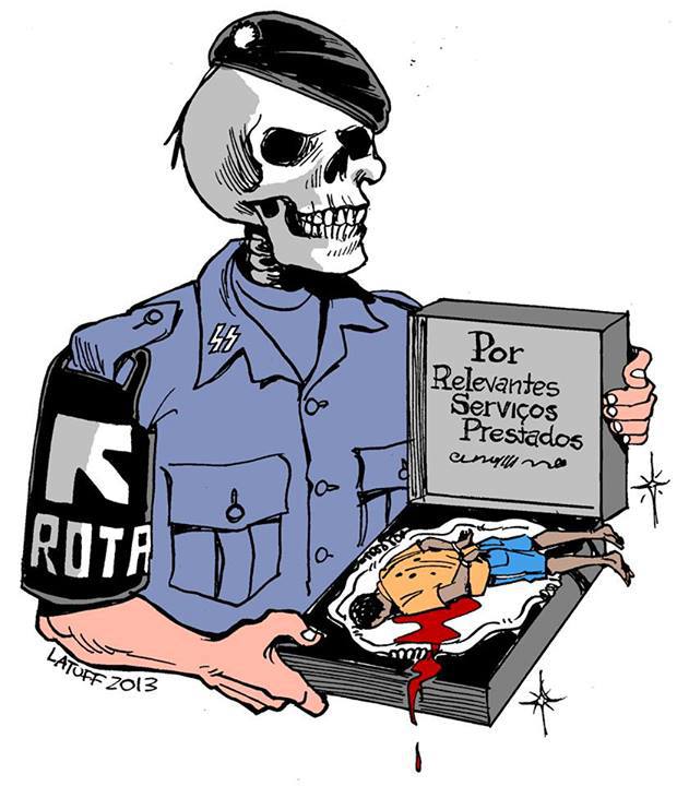 A arte engajada de Latuff denunciando os crimes da Polícia Militar/ROTA. Cartum de Carlos Latuff, uso livre