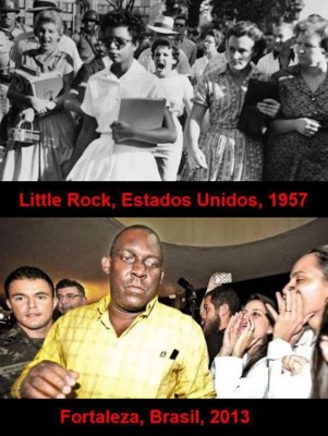 1957, a estudante Elizabeth Eckford chegando para o seu primeiro dia de aula numa escola sem separação racial em Little Rock, Estados Unidos. 2013, médico cubano sendo vaiado por médicos brasileiros, Fortaleza. Imagem partilhada mais de 39 mil vezes no Facebook.
