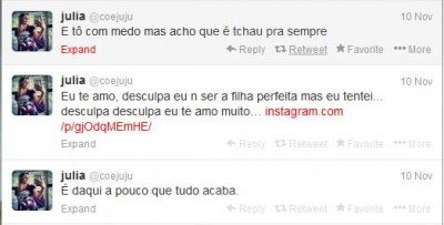 Mensagens deixadas por Júlia Rebeca no seu perfil de Twitter (@coejuju). 