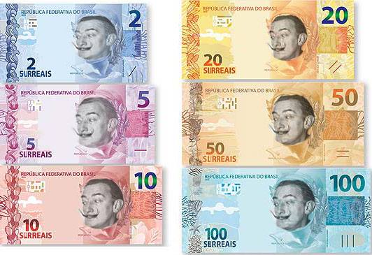 "Os surreais: a cara da nova moeda que andam falando por aí..." Arte por Patrícia Kalil partilhada no Facebook.