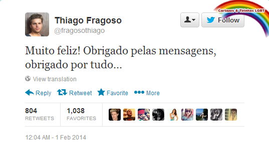 Tuíte do ator Thiago Fragoso agradecendo aos fãs