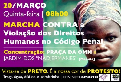 Convocatória para a marcha contra a Violação dos Direitos Humanos no Código Penal Moçambicano. Foto publicada pelo Fórum Mulher no Facebook