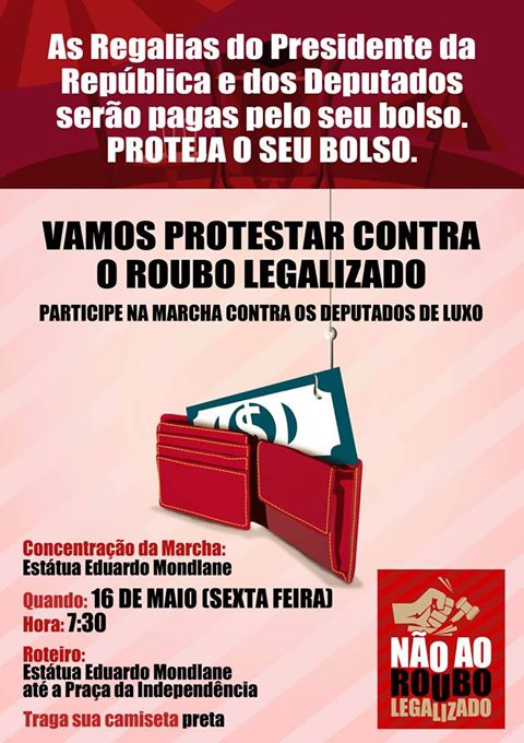 Cartaz da "Marcha contra regalias do chefe de estado e dos deputados de luxo".