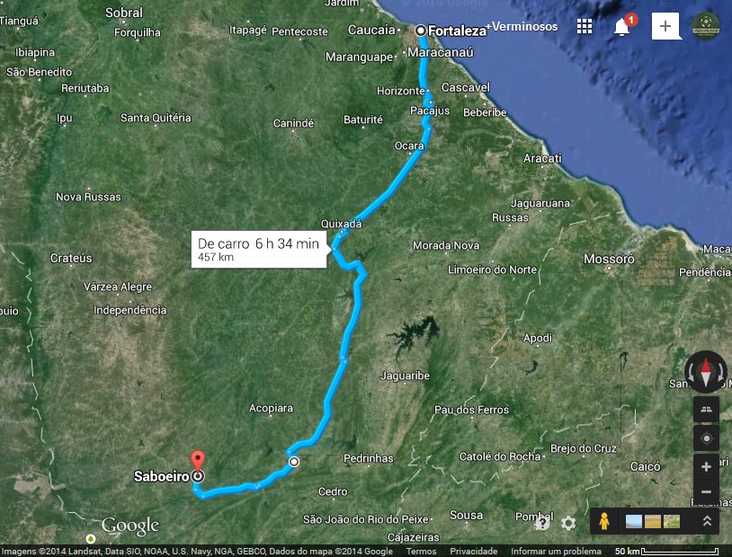 Distância de Fortaleza a Serra da Estrela, em Saboeiro: 450 km. Fonte: Google Maps.